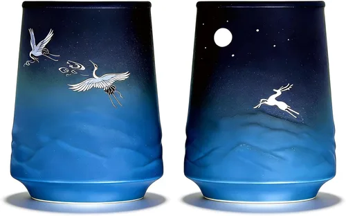 Pottery Couple - Juego de 2 tazas de café – Esmalte mate azul degradado con diseño de grúa y ciervo, tazas de café hechas a mano para decoración del