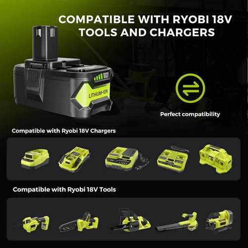 Miniatura 3 de Paquete de 2 baterías de repuesto recargables rápidas de litio de 18 V 5.0 Ah, compatible con herramientas eléctricas Ryobi de 18 V One+ y cargador