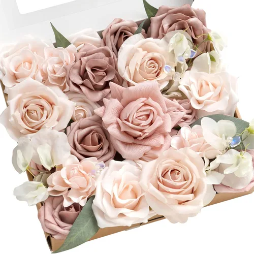 Miniatura 28 de Ling's moment Caja de Flores Falsas, Tallos de Vegetación Artificial Falsa, Rosas de Espuma, Gardenias, Hortensias de Seda, Ranúnculos, Flor de Tela