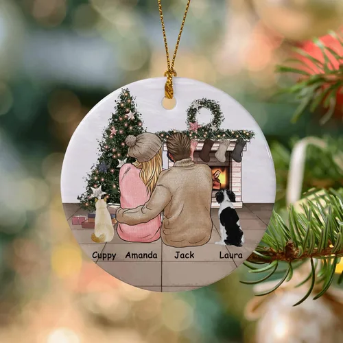 Miniatura 5 de Adorno de Navidad familiar personalizado 2022, nombre personalizado de raza, gato, perro, para pareja de Navidad, círculo redondo, adorno