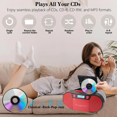 Miniatura 3 de Boombox Reproductor de CD Portátil, Combo Reproductor de Casete con CD MP3 Bluetooth AUX TF USB Radio FM Alimentado por AC/DC, Caja de Boom