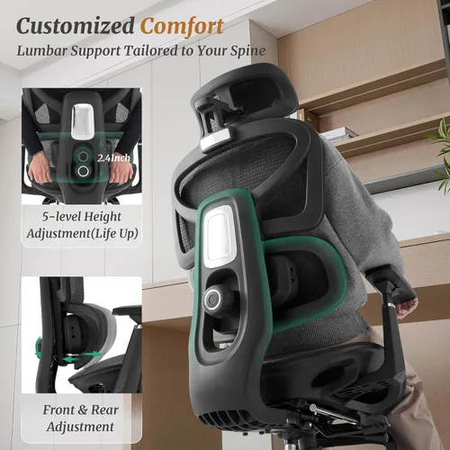 Miniatura 5 de Cozyman Silla de oficina ergonómica con reposapiés, soporte lumbar ajustable de 5 niveles y reclinación de 90-135°, reposacabezas 3D y reposabrazos