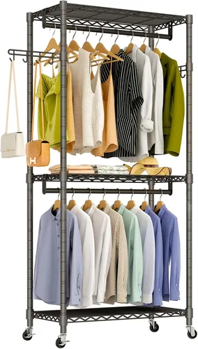 Miniatura 13 de Perchero de ropa resistente, perchero portátil para armario, estante de ropa ajustable independiente con 7 niveles de estantería de alambre Negro