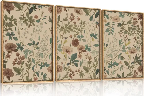 Miniatura 5 de Aryroi Juego de arte de pared en lienzo abstracto grande con marco floral, estilo bohemio, retro, neutro, flores silvestres, arte botánico de flores