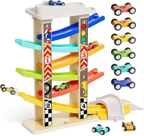 Miniatura 10 de TOP Bright Juguetes de rampa de madera para niños pequeños de 1 a 2 años de edad, habilidades motoras, pistas de carreras, rampa de automóvil