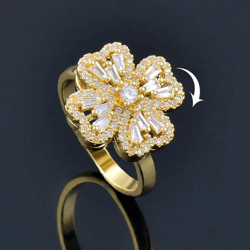 2024 New Fashion Rotatable Rose Gold Silver Color Cubic Zirconia Flower Spinner Rings For Women Jewelry 2023