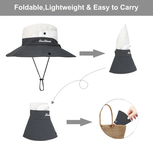 Miniatura 4 de Sombrero de sol de verano para mujer, cola de caballo – Protección UV de malla de ala ancha plegable con agujero para cola de caballo