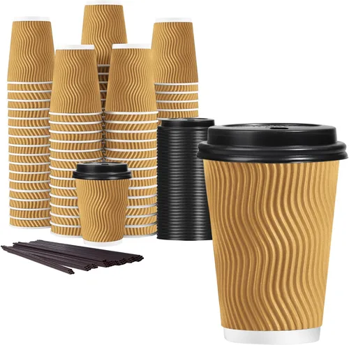 Miniatura 11 de Lamosi Tazas de café desechables de 8 onzas con tapas, paquete de 50 tazas de papel con aislamiento para llevar, con tapas y popotes, taza de pared