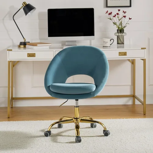 TINA'S HOME Silla de oficina moderna de terciopelo con giro ajustable, cómoda silla de escritorio tapizada con respaldo abierto, pequeña y bonita