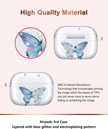 Miniatura 2 de Funda diseñada para AirPods 3, funda de mármol con purpurina brillante, protección completa, accesorios de piel de TPU para mujeres y niñas con azul