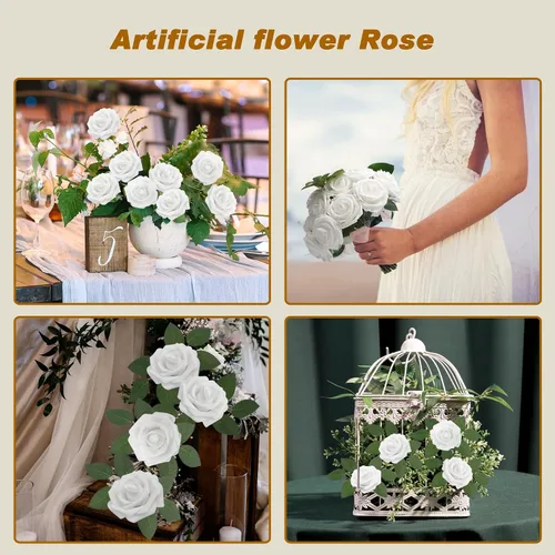 Miniatura 3 de Flores Artificiales Rosas Realistas, 100 pcs Rosas Falsas de Aspecto Real con Tallo para Ramos de Boda DIY Centros de Mesa Despedidas de Soltera