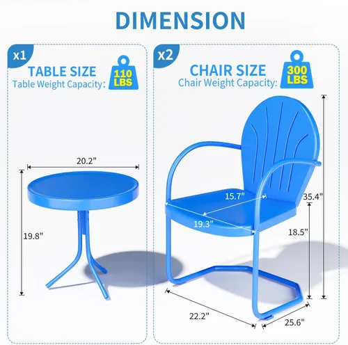 Miniatura 2 de Juego de 3 piezas para patio bistró, mobiliario retro de metal para exteriores, conversación, 2 sillas de patio de metal con resorte en C retro