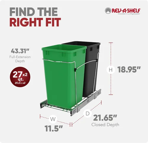Miniatura 3 de Rev-A-Shelf Cesta de basura extraíble para gabinetes de cocina de 27 cuartos con deslizador de extensión completa para reciclaje, Verde/Negro, Verde
