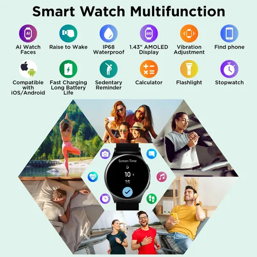 Miniatura 6 de BENIO Reloj inteligente (respuesta/hacer llamada), caras de reloj AI, AMOLED de 1.43 pulgadas con AOD, IP68 impermeable rastreador de fitness, Negro