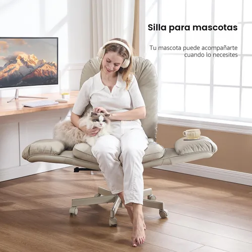 Miniatura 6 de amseatec Silla cruzada con reposabrazos y ruedas para sentarse con patas cruzadas, cómoda silla de escritorio giratoria ajustable para oficina, Crema