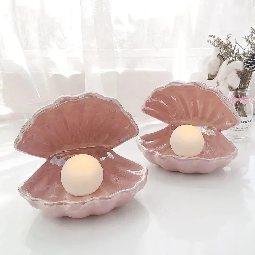 Miniatura 5 de Koolouispoper Ins Lámpara de noche de concha de cerámica de estilo japonés con perlas de sirena para decoración del hogar, regalo de Navidad (rosa)