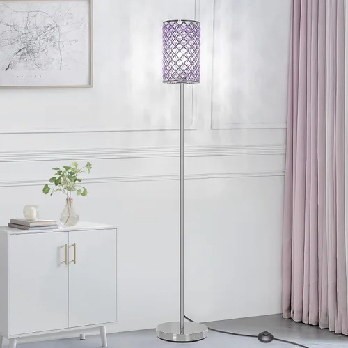 Lámpara de pie para dormitorio, lámpara de pie de cristal lavanda con pantalla glamurosa, lámpara de pie elegante con interruptor de pie de