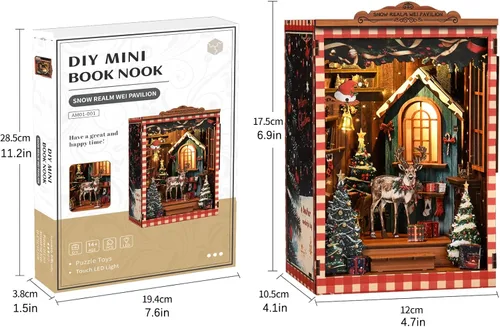 Miniatura 3 de Kits de rincón de libros de Navidad para adultos, rompecabezas de madera 3D, kit de casa en miniatura para decoración de estantería con luces LED