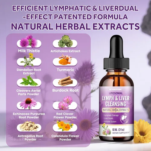 Miniatura 3 de Drenaje linfático - Gotas de desintoxicación y reparación de limpieza hepática, cardo lechero liposomal, equinácea, alcachofa, diente de león