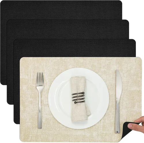 Miniatura 44 de Myir JUN Juego de 6 manteles individuales de doble cara, de piel sintética, para interiores, para mesa de comedor, exteriores, cuadrados, Negro