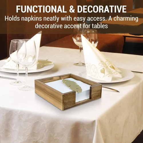 Miniatura 3 de MyGift Servilletero de mesa de madera de acacia de alta calidad, dispensador de servilletas cuadrado rústico con brazo decorativo de plumas de tono