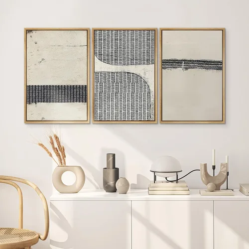 Miniatura 605 de SIGNWIN Lienzo enmarcado para pared, arte con pinceladas de flujo neutro en tonos beige abstractos, ilustraciones, arte moderno, decorativo