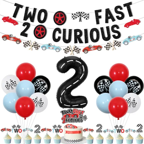 Miniatura 7 de Jollyboom Two Fast Two Curious - Decoración de segundo cumpleaños, paquete de fiesta de coche de carreras con pancarta, guirnalda, decoración