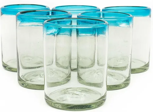 Miniatura 2 de Juego de 6 vasos soplados a mano (10 onzas) de México con borde Aquamarina – Cristalería de vidrio de burbuja reciclado, rústico y hecho a mano