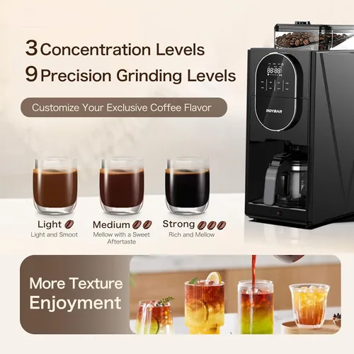 Miniatura 2 de Cafetera con molinillo programable para café caliente y frío con jarra de vidrio de 22 onzas, ajustable, totalmente automática, máquina de café