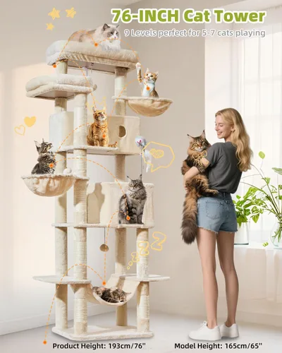 Miniatura 3 de Taoqimiao Torre de árbol para gatos, árbol resistente de 76 pulgadas para gatos de interior, torre grande para gatos adultos con postes rascadores