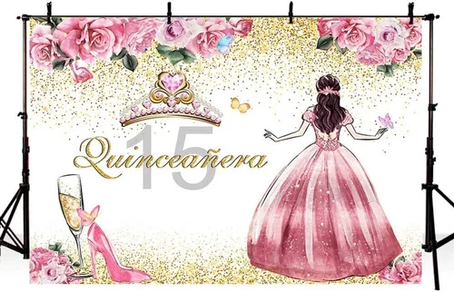 SENDY Telón de fondo de quinceañera de 8 x 6 pies para niña, feliz cumpleaños 15, flores rosadas, tacones altos, corona, princesa, decoración de