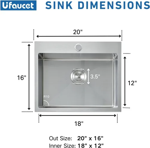 Miniatura 5 de Fregadero de cocina de 20 pulgadas, acero inoxidable de 20 x 16 pulgadas, fregadero de cocina al aire libre, fregadero de cocina para exteriores