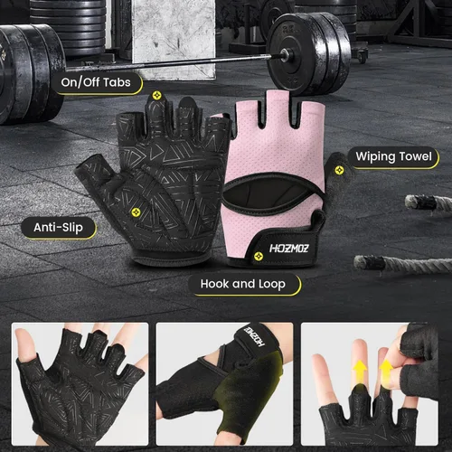 Miniatura 6 de HOZMOZ Guantes ventilados para levantamiento de pesas, guantes de gimnasio gruesos y acolchados con protección completa de la palma, agarre y Rosa