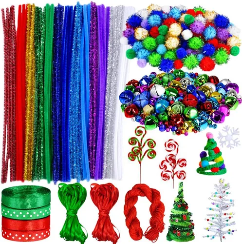Miniatura 4 de Winlyn Juego de 475 coronas de cascabel de Navidad, adornos para árbol de Navidad, kit de manualidades, tallos de felpilla metálica, pompones