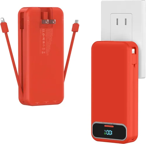 Cargador portátil ligero de 20000 mAh con cables integrados y enchufe de pared de CA, batería de carga rápida PD20W USB-C, pantalla LED, cargador