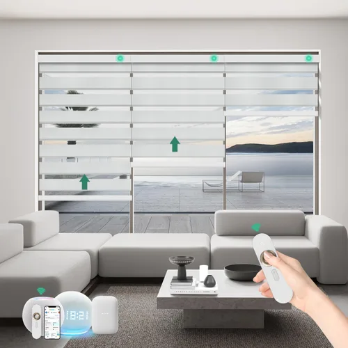 Miniatura 12 de Persianas motorizadas de cebra con control remoto, funcionan con HomeKit Alexa, cortinas eléctricas automáticas para ventanas, 60% opacas, filtro