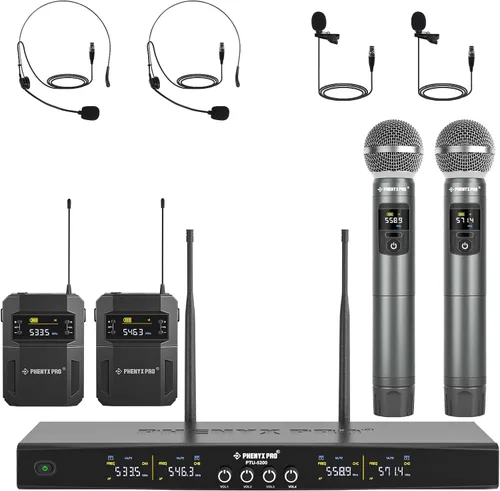 Miniatura 2 de Phenyx Pro Juego de micrófono inalámbrico de 4 canales PTU-5200-2H2B incluido con estuche de rack poco profundo 4U PRCSE-4U