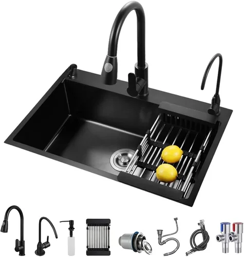 Miniatura 9 de ARTLINE Fregadero de cocina negro, fregadero de un solo cuenco de acero inoxidable, fregadero de estación de trabajo de caída/montaje superior