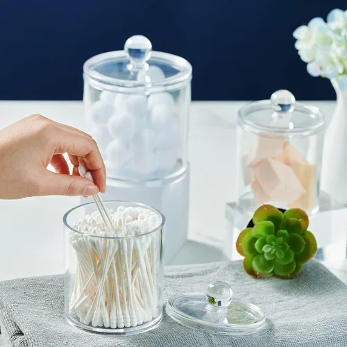 Miniatura 2 de SheeChung juego de dispensador de cotonetes - frascos de boticario de baño de plástico acrílico transparente para bolas de algodón, hisopos