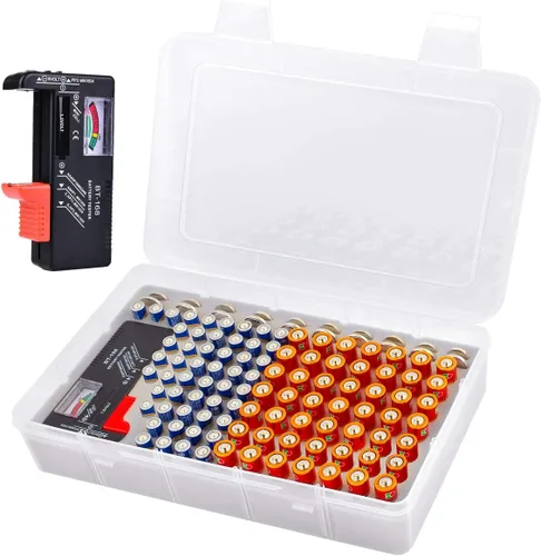 Miniatura 8 de Caja organizadora de almacenamiento de batería ALCYON con probador de batería, caja de almacenamiento para garaje con espacio para 90