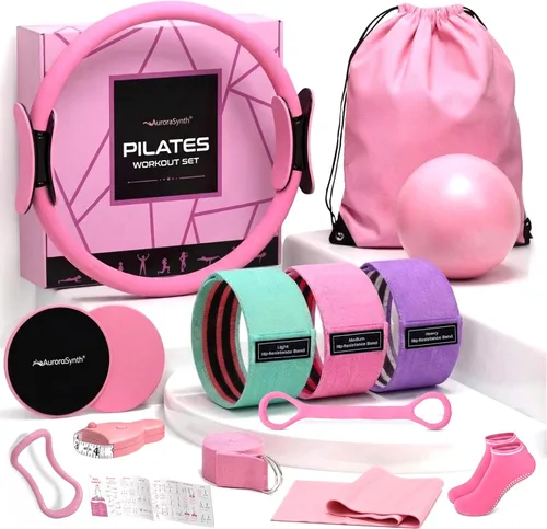 Pilates Kit for Home Workouts, Pilates Equipment Set for Women with 14.5” Magic Circle Pilates Ring and Ball, Resistance Bands, Sliders, Yoga Strap