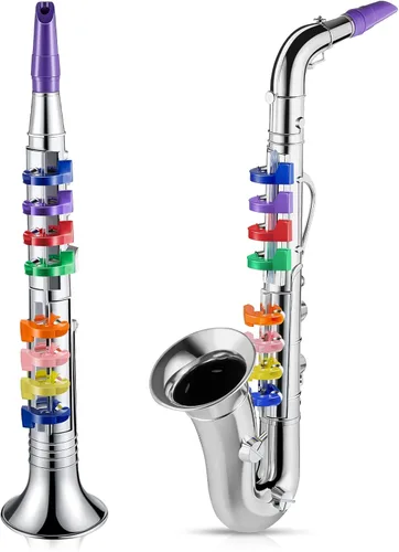 Miniatura 8 de Amylove Juego de 2 juguetes de saxofón y clarinete para niños pequeños, instrumentos de plástico, juguete musical falso, portátil, juguetes