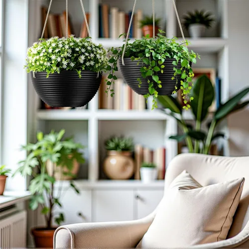 Miniatura 2 de Asnext Maceta colgante de 10 pulgadas con patrón de línea para plantas de interior y exterior, paquete de 2 macetas colgantes redondas para plantas