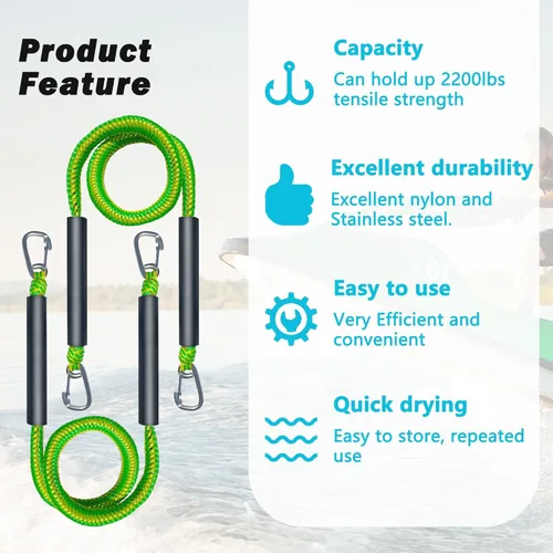 Miniatura 7 de Cuerda de muelle para lancha con clips dobles de acero inoxidable 316, accesorios para botes bajos, kayak, pontón, embarcaciones, Waverunner, Verde
