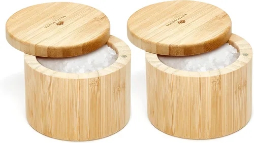 Miniatura 8 de RoyalHouse Soporte para sal y pimienta de bambú natural de 6 onzas con tapa de bambú, bodega de sal con tapa giratoria magnética, caja