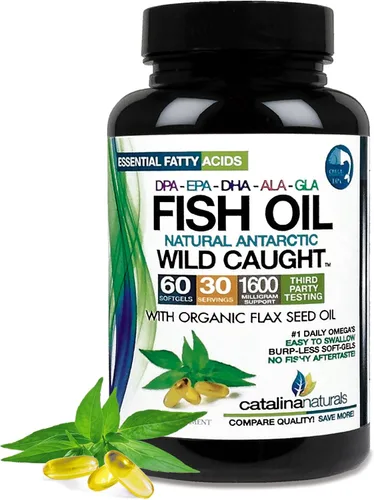 Aceite de pescado antártico salvaje con aceite de semilla de lino orgánico - Omega 3-6-9 ultra puro con EPA-DHA-DPA-GLA-ALA, sabor vainilla claro