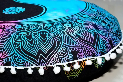 Miniatura 4 de Funda redonda para cojín de mandala, estilo hippie, bohemio, otomana, con pompones, funda decorativa, boho, india, 22 pulgadas (multicolor Yin yang)