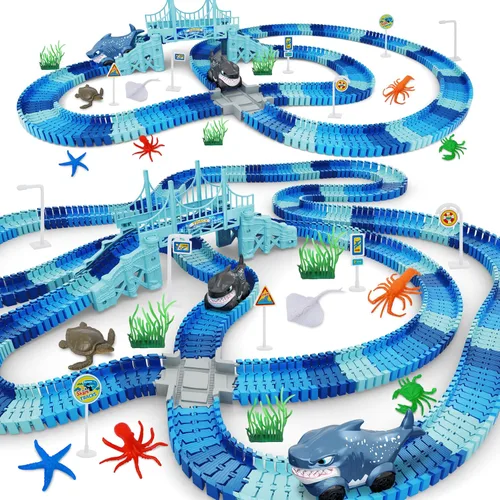 Miniatura 8 de Juguetes de dinosaurio, crea una carrera de carretera mundial de dinosaurios, juego de pista flexible y 2 piezas de autos de dinosaurio geniales