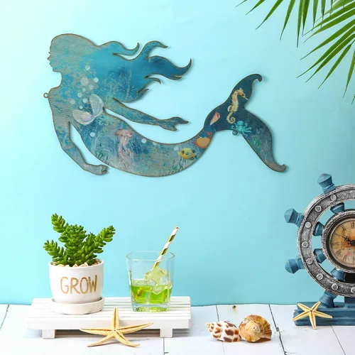 Demissle Arte de pared de sirena de metal, decoración de pared de sirena colgante rústica, azul, elegante, escultura decorativa para habitación,