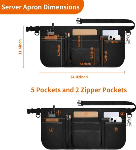 Miniatura 2 de Delantal de limpieza profesional con 7 bolsillos y cinturón ajustable en la cintura, camarero, chef, camarero, para mujeres y hombres, restaurantes